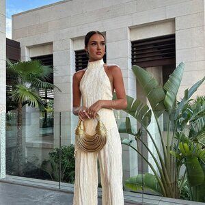 Commense Asymmetric Halter Top, Champagne, Beige, Ruffle Texture